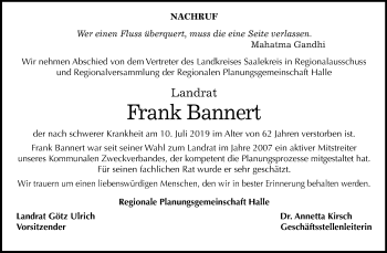 Traueranzeige von Frank Bannert von Mitteldeutsche Zeitung Mansfelder Land / Halle/Saalkreis / Merseburg/Querfurt / Weißenfels / Zeitz / Naumburg/Nebra