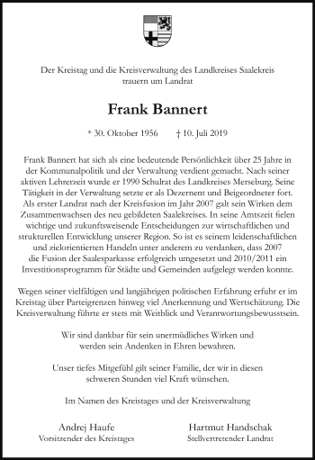 Traueranzeige von Frank Bannert von Mitteldeutsche Zeitung Halle/Saalkreis / Merseburg/Querfurt