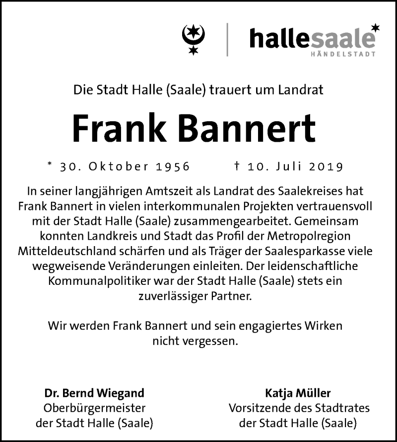  Traueranzeige für Frank Bannert vom 17.07.2019 aus Mitteldeutsche Zeitung Halle/Saalkreis