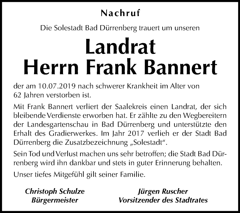  Traueranzeige für Frank Bannert vom 18.07.2019 aus Mitteldeutsche Zeitung Merseburg/Querfurt