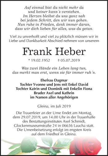 Traueranzeige von Frank Heber von Mitteldeutsche Zeitung Naumburg/Nebra