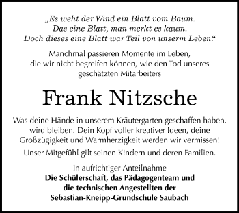Traueranzeige von Frank Nitzsche von Wochenspiegel Naumburg/Nebra
