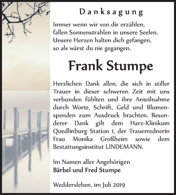 Traueranzeige von Frank Stumpe von Mitteldeutsche Zeitung Quedlinburg