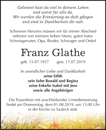 Traueranzeige von Franz Glathe von Mitteldeutsche Zeitung Naumburg/Nebra