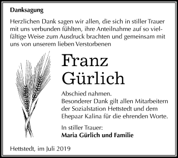 Traueranzeige von Franz Gürlich von Mitteldeutsche Zeitung Mansfelder Land