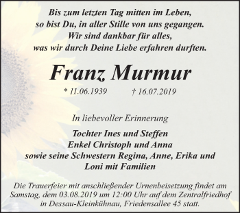 Traueranzeige von Franz Murmur von Mitteldeutsche Zeitung Bitterfeld