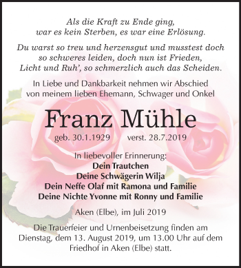 Traueranzeige von Franz Mühle von Mitteldeutsche Zeitung Köthen