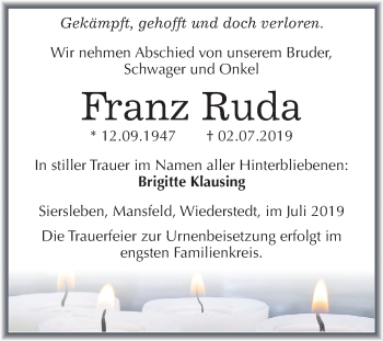 Traueranzeige von Franz Ruda von Wochenspiegel Mansfelder Land