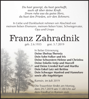 Traueranzeige von Franz Zahradnik von Mitteldeutsche Zeitung Bitterfeld