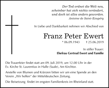 Traueranzeige von Franz Peter Ewert von Mitteldeutsche Zeitung Halle/Saalkreis