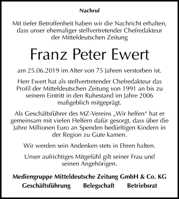 Traueranzeige von Franz Peter Ewert von Mitteldeutsche Zeitung 