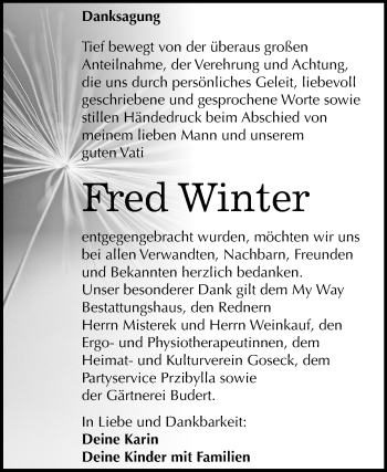 Traueranzeige von Fred Winter von Mitteldeutsche Zeitung Weißenfels