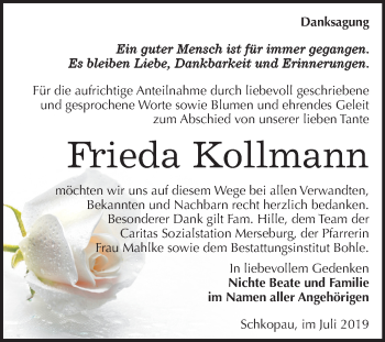 Traueranzeige von Frieda Kollmann von Super Sonntag Merseburg/Querfurt