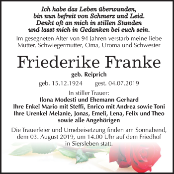 Traueranzeige von Friederike Franke von Super Sonntag Mansfelder Land