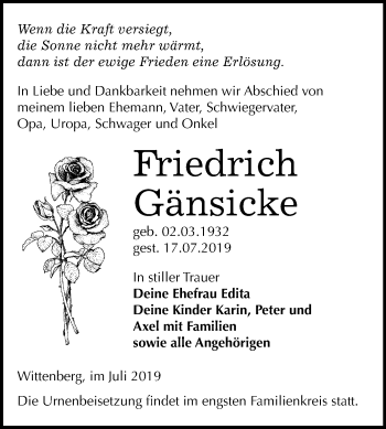 Traueranzeige von Friedrich Gänsicke von Mitteldeutsche Zeitung Wittenberg