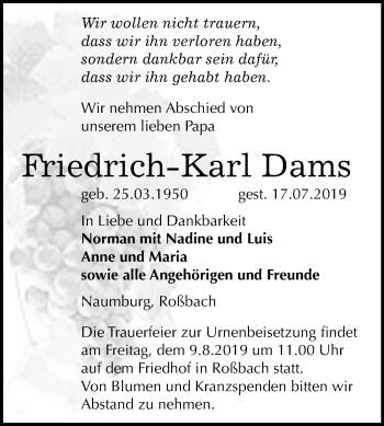 Traueranzeige von Friedrich-Karl Dams von Mitteldeutsche Zeitung Naumburg/Nebra