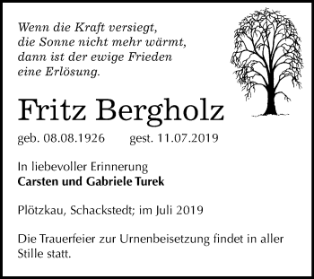 Traueranzeige von Fritz Bergholz von Super Sonntag Bernburg