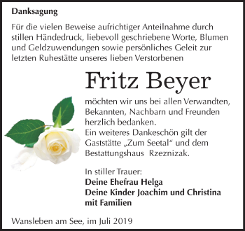 Traueranzeige von Fritz Beyer von Wochenspiegel Mansfelder Land