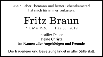 Traueranzeige von Fritz Braun von Wochenspiegel Weißenfels