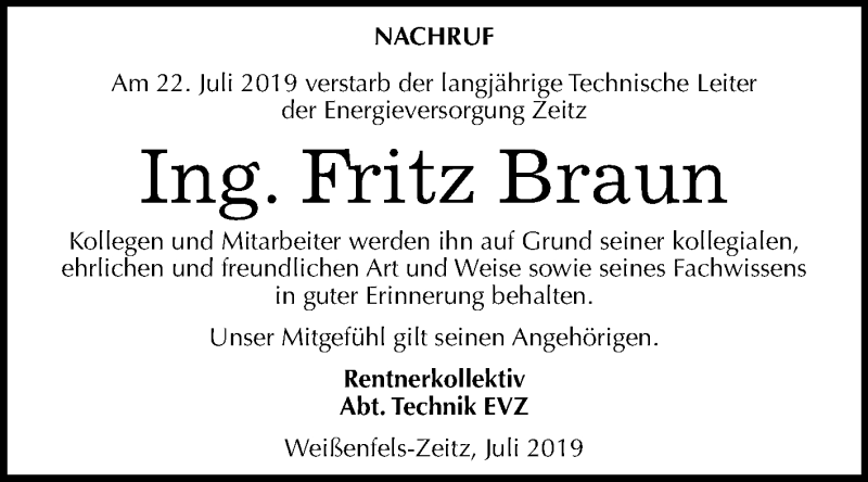 Traueranzeige für Fritz Braun vom 31.07.2019 aus Wochenspiegel Zeitz