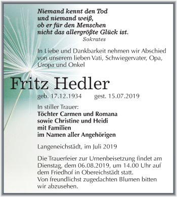 Traueranzeige von Fritz Hedler von Super Sonntag Merseburg/Querfurt