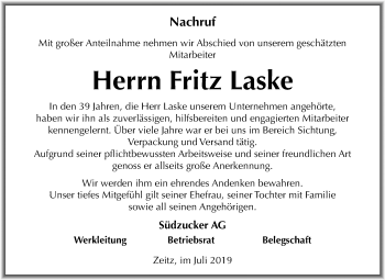 Traueranzeige von Fritz Laske von Super Sonntag Zeitz