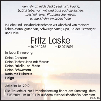 Traueranzeige von Fritz Laske von Super Sonntag Zeitz