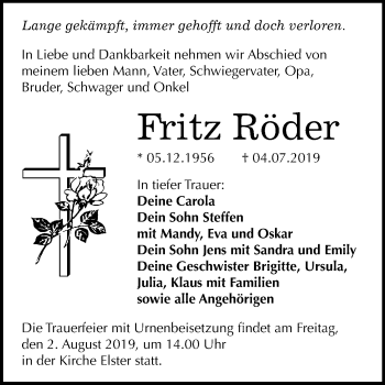 Traueranzeige von Fritz Röder von Super Sonntag Wittenberg