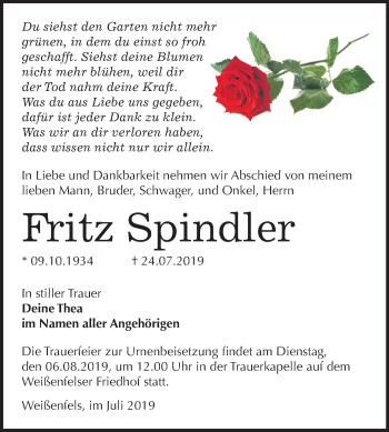 Traueranzeige von Fritz Spindler von Wochenspiegel Weißenfels
