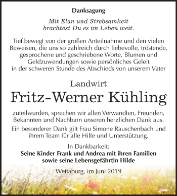 Traueranzeige von Fritz-Werner Kühling von Wochenspiegel Naumburg/Nebra