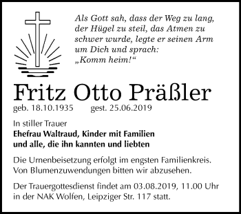 Traueranzeige von Fritz Otto Präßler von Wochenspiegel Bitterfeld