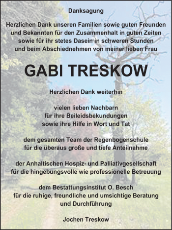 Traueranzeige von Gabi Treskow von Mitteldeutsche Zeitung Dessau-Roßlau