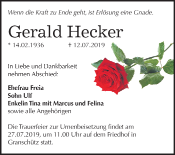 Traueranzeige von Gerald Hecker von Mitteldeutsche Zeitung Weißenfels
