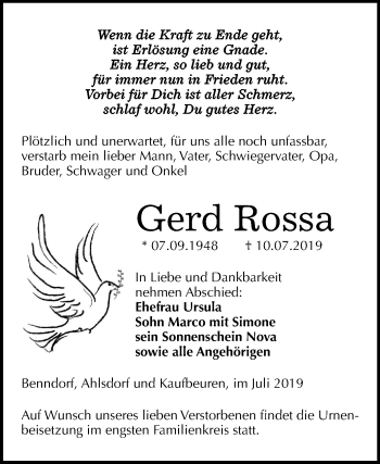 Traueranzeige von Gerd Rossa von Mitteldeutsche Zeitung Mansfelder Land