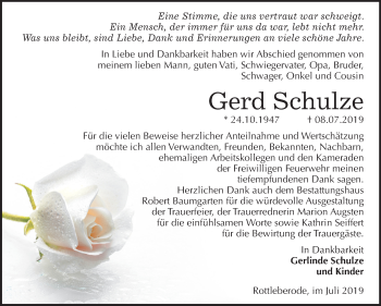 Traueranzeige von Gerd Schulze von Super Sonntag Sangerhausen