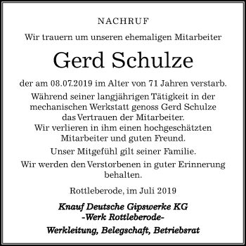 Traueranzeige von Gerd Schulze von Mitteldeutsche Zeitung Sangerhausen