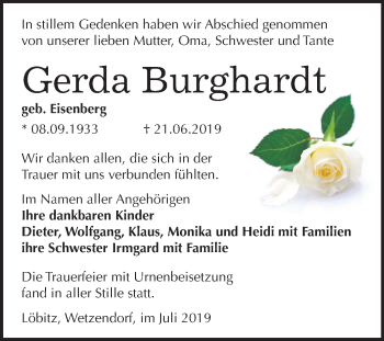 Traueranzeige von Gerda Burghardt von Wochenspiegel Naumburg/Nebra