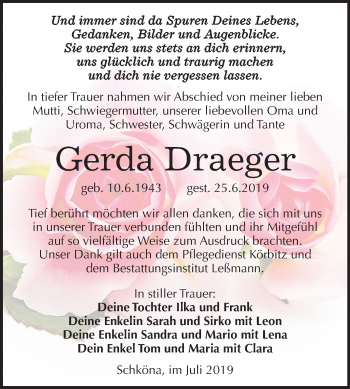 Traueranzeige von Gerda Draeger von Super Sonntag Wittenberg