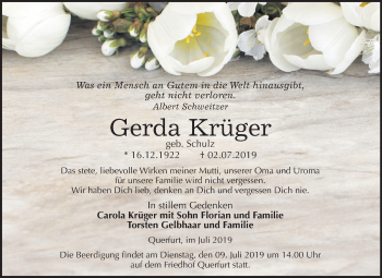Traueranzeige von Gerda Krüger von Mitteldeutsche Zeitung Merseburg/Querfurt