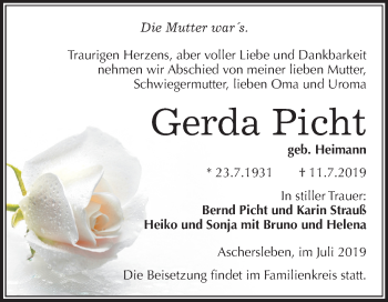 Traueranzeige von Gerda Picht von Super Sonntag Aschersleben