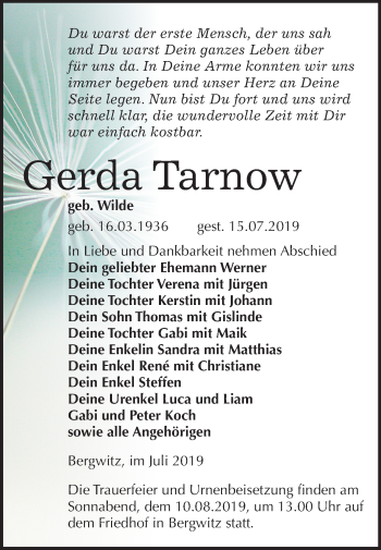 Traueranzeige von Gerda Tarnow von Super Sonntag Wittenberg