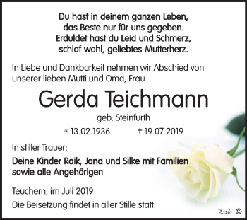 Traueranzeige von Gerda Teichmann von Mitteldeutsche Zeitung Weißenfels