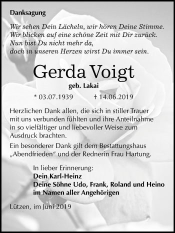 Traueranzeige von Gerda Voigt von Super Sonntag Weißenfels