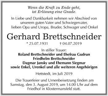 Traueranzeige von Gerhard Brettschneider von Mitteldeutsche Zeitung Mansfelder Land
