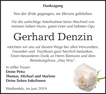 Traueranzeige von Gerhard Denzin von Wochenspiegel Weißenfels