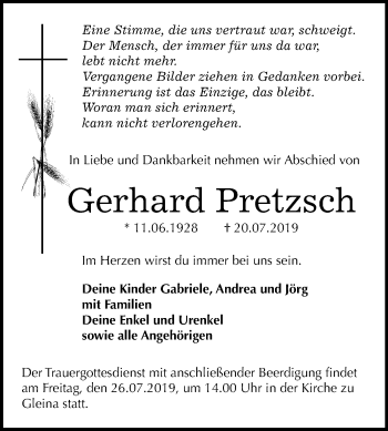 Traueranzeige von Gerhard Pretzsch von Wochenspiegel Zeitz