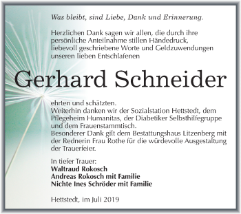 Traueranzeige von Gerhard Schneider von Super Sonntag Mansfelder Land