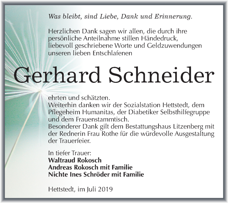  Traueranzeige für Gerhard Schneider vom 27.07.2019 aus Mitteldeutsche Zeitung Mansfelder Land