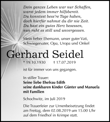 Traueranzeige von Gerhard Seidel von Mitteldeutsche Zeitung Halle/Saalkreis