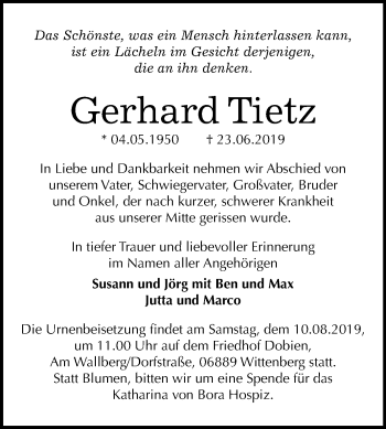 Traueranzeige von Gerhard Tietz von Mitteldeutsche Zeitung Wittenberg